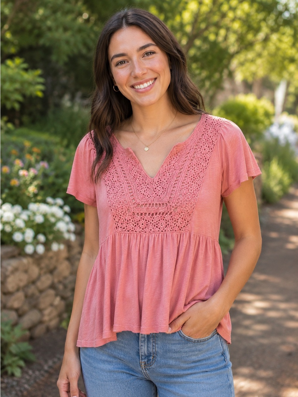 LUCKY BRAND Boho Crochet Bodice Pink Blouse (Small Flaw) Size XS